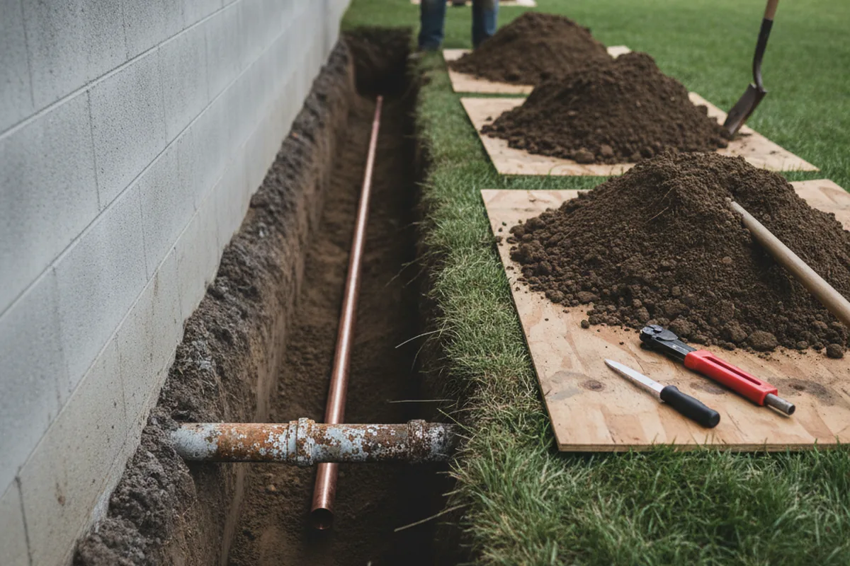 Excavated water line trench during Water Softener Installation in Coachella